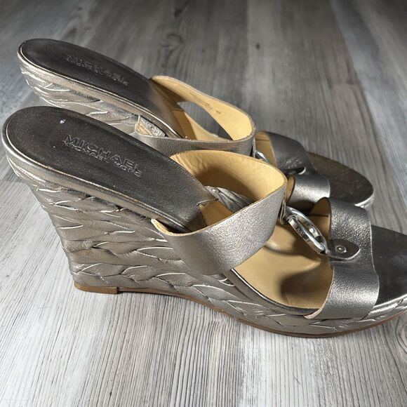 Michael Kors Marin Slide MC Gold Bronze 3.5” Wedge Sandal Silver Ring US 9 - Picture 6 of 16